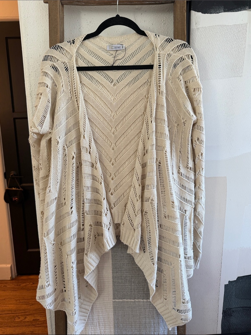 Cléo Aidar Open-Front Cream Crochet Knit Cardigan Sweater